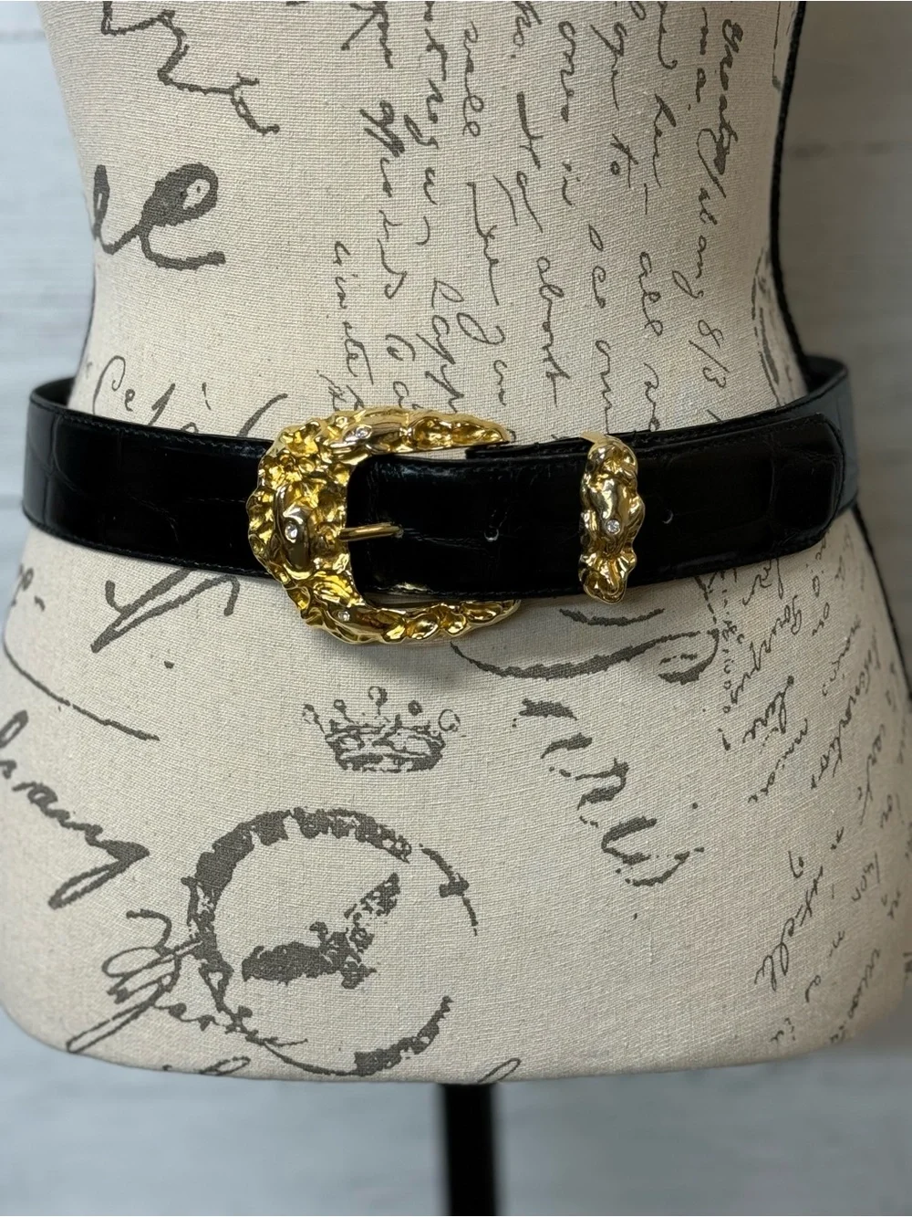 Vintage Patent Leather Belt with Ornate Gold Buckle